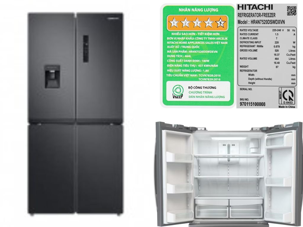 Nhãn dán trên tủ lạnh Hitachi Inverter 464 lít Multi Door HR4N7520DSWDXVN